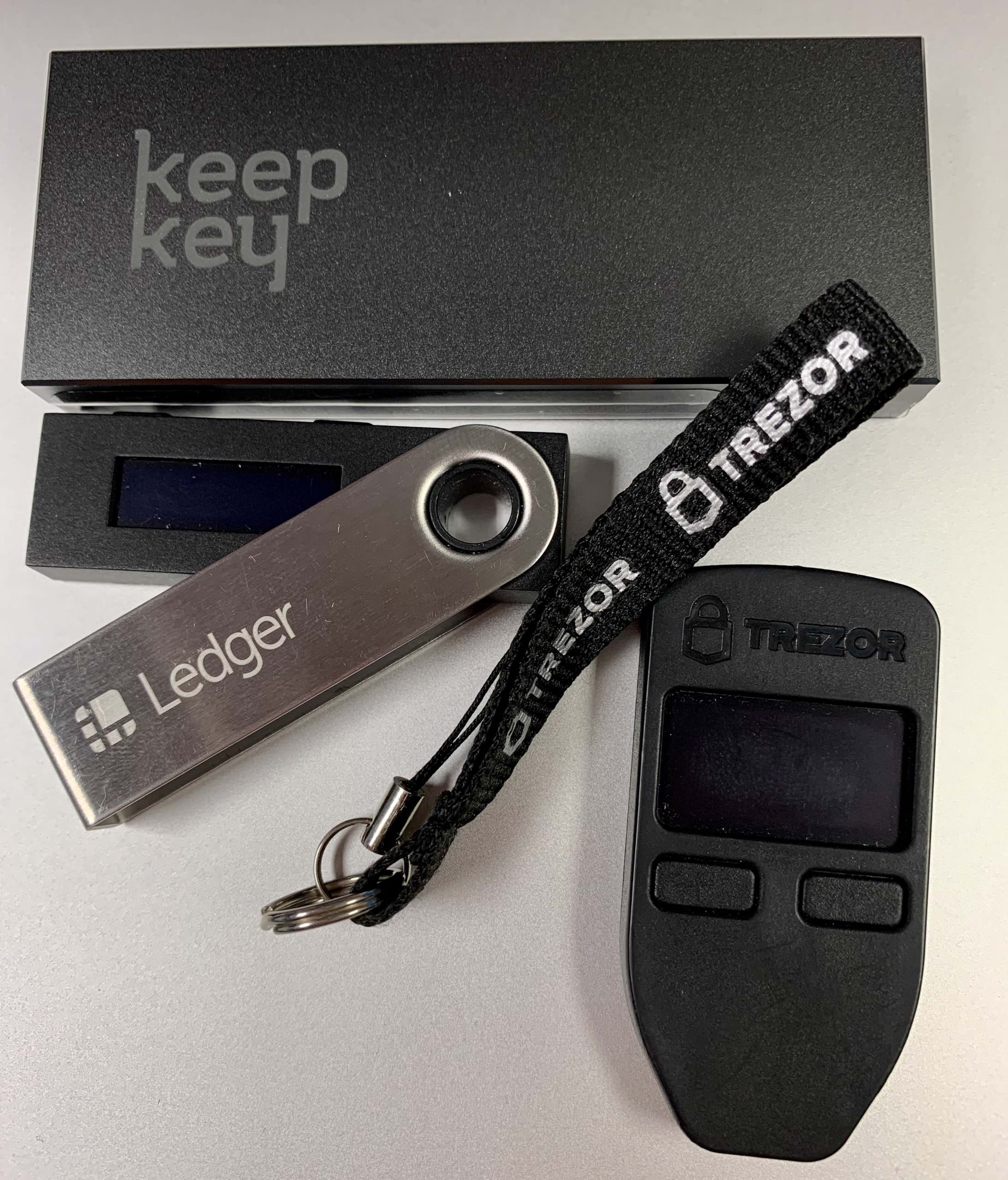 KeepKey, Ledger Nano S, and Trezor One hardware wallets