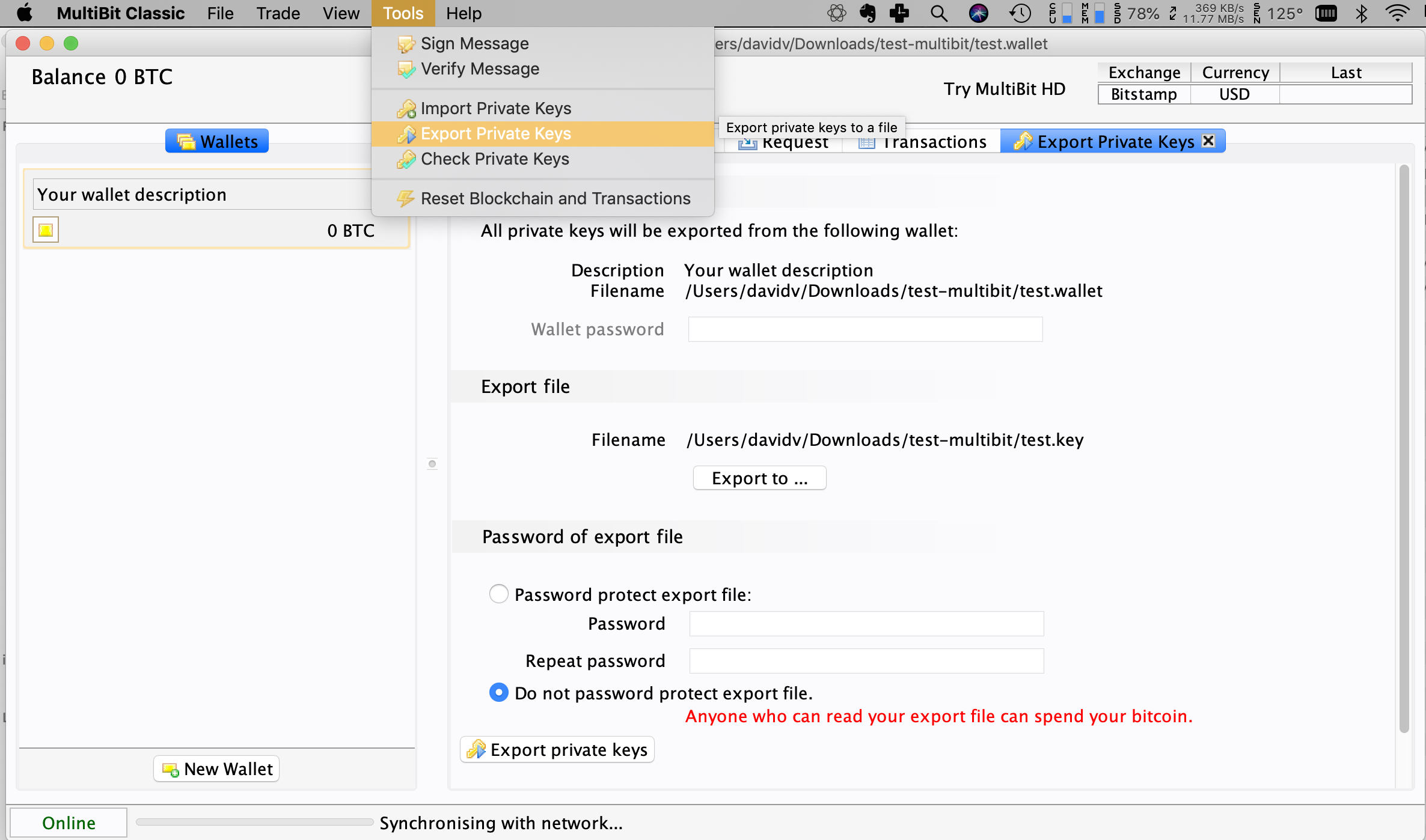 Multibit wallet export private keys menu