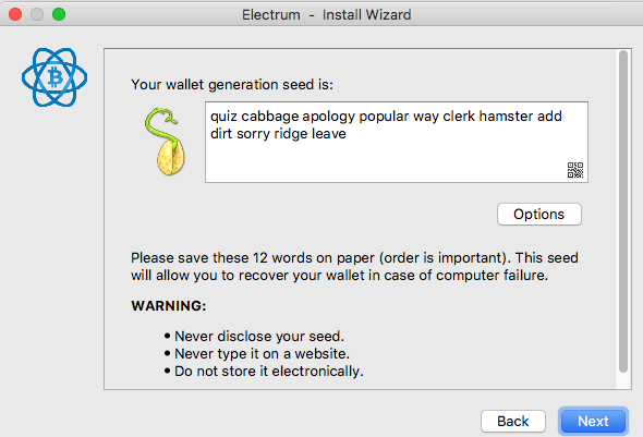 Electrum wallet seed phrase screen