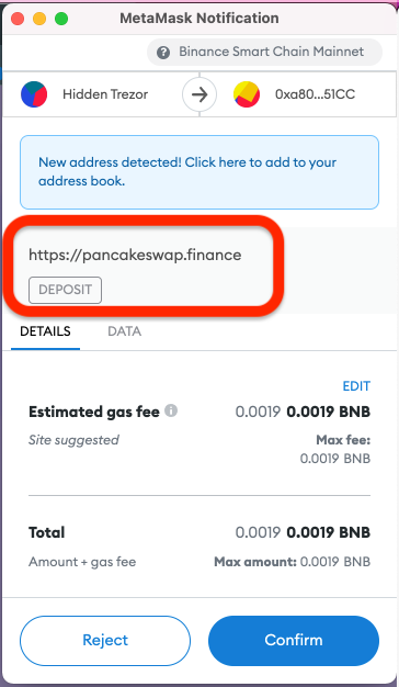 MetaMask confirmation for a DEPOSIT transaction on Binance Smart Chain showing a 0.0019 BNB total