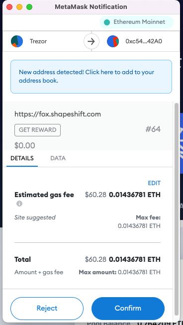 MetaMask confirmation for a GET REWARD transaction on Ethereum Mainnet showing the destination and total gas fee