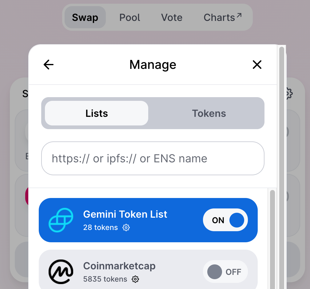 Uniswap manage lists screen with the Gemini Token List enabled and Coinmarketcap disabled