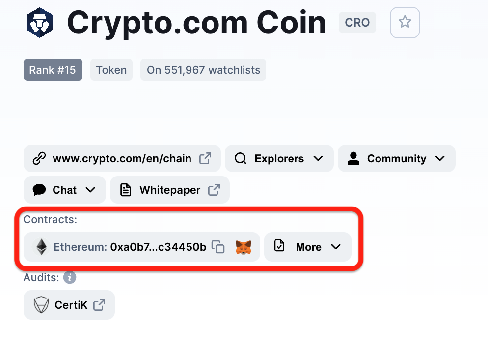 CoinMarketCap Crypto.com Coin page highlighting the verified Ethereum contract address and MetaMask add button