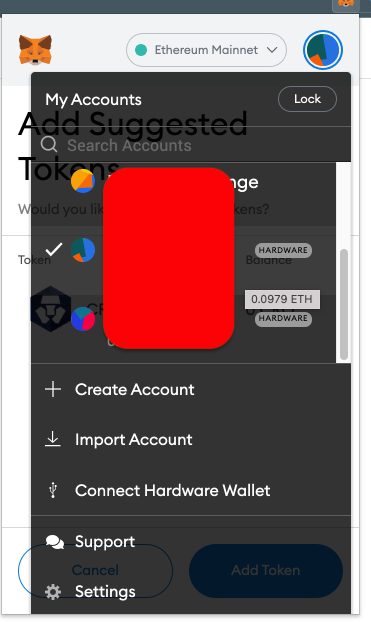 MetaMask account menu showing separate hardware wallet accounts and the Connect Hardware Wallet option